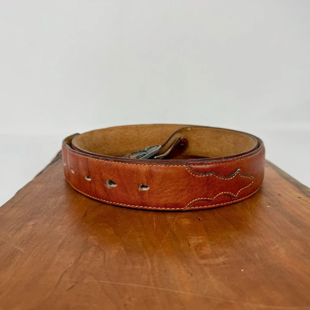 Vintage 1982 Siskiyou Eagle Belt Buckle Leegin Brown Leather Belt Mens 36 USA